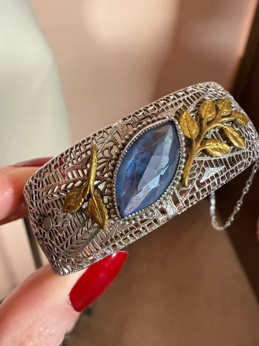 Antique 1920’s Art deco Silver Filagree Pale blue Marquee Glass Wide Bracelet - Picture 14 of 17